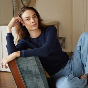 NWT Everlane Crewneck Organic Cotton Waffle Knit Long Sleeve Shirt in Navy